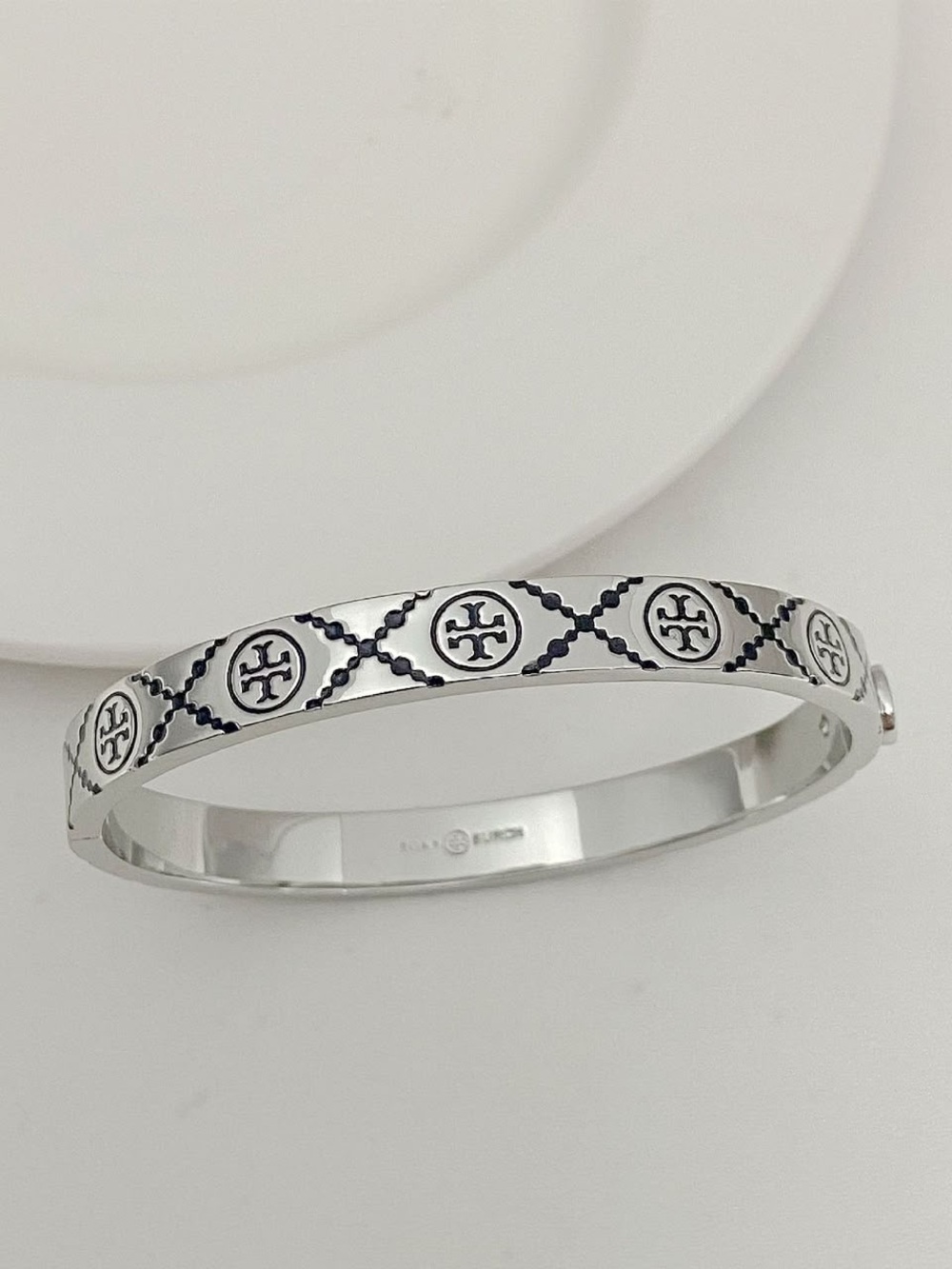 Tory Burch Silver and Black Line Monogram Logo Bangle Bracelet